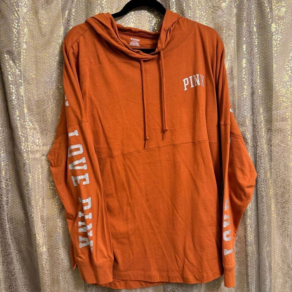 PINK Victorias Secret Orange Silver Glitter Varsity Long Sleeve Hoodie Shirt L N